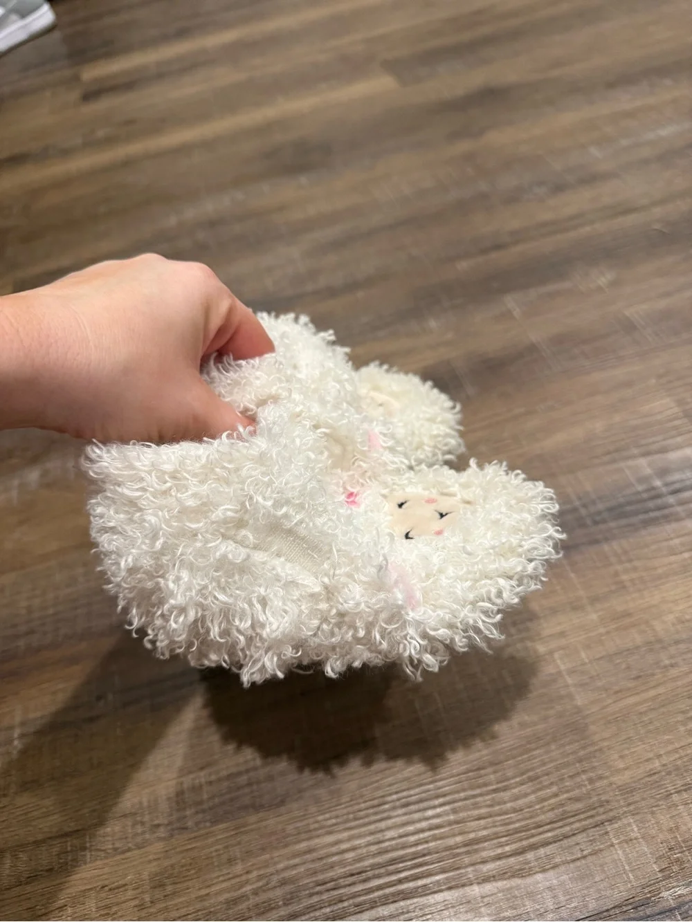 Cream Lamb Plush Kids Slippers with Embroidered Face